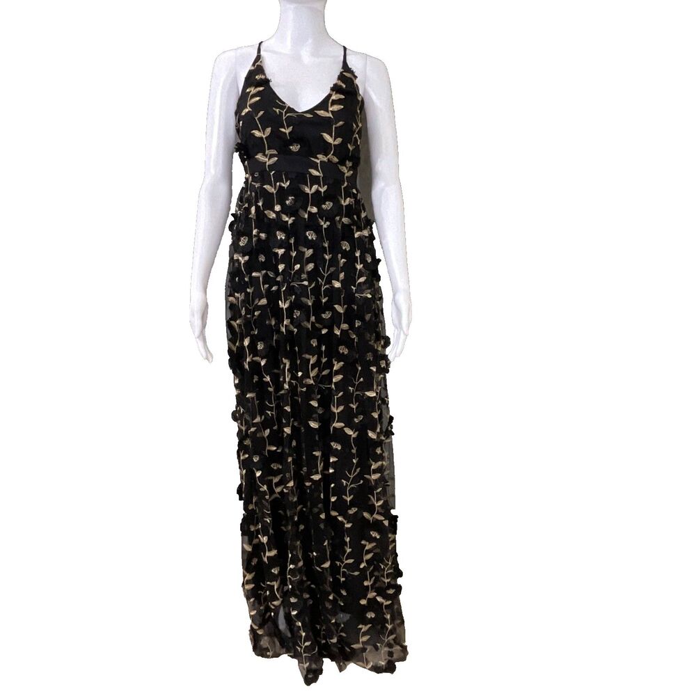 Altar'd State Arabella 3D embroidered Floral Maxi Dress Small BLACK/Gold EUC